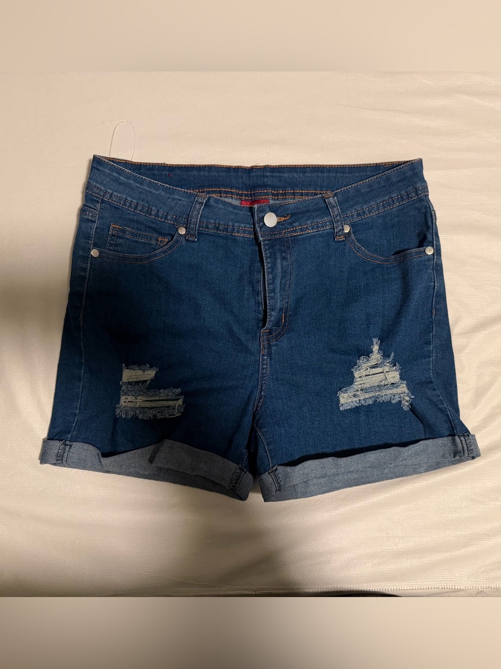 Women's Dark Blue Distressed Rolled-Hem Denim Shorts